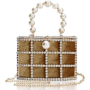 ⚡Women's Gold Detachable Pearl Diamond Chain Soft Velvet Shoulder Clutch Handbag